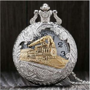 Vintage plata encantador tren dorado tallado que se puede abrir hueco Steampunk reloj de bolsillo de cuarzo hombres mujeres COLLAR COLGANTE reloj Gifts2652