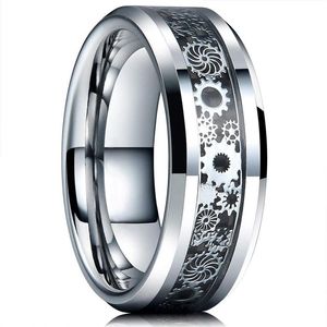 Bague Vintage en acier inoxydable pour hommes, couleur argent, roue dentée, Dragon celtique, incrustation de Fiber de carbone noire, anneau de mariage pour hommes, Band2056