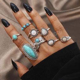 Anillos de Color plata Vintage para mujer, anillo de dedo de hoja turquesa de imitación elíptica, joyería de moda Bohemia, regalo de moda