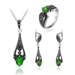 Vintage zilver groen quartz ringen hangers oorbellen sets voor vrouwen 3 stuks sets bruids bruiloften Indiase Rusland Verenigde Staten Party Gift Jewelr