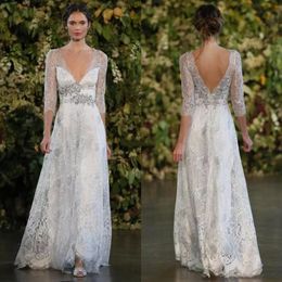 Vestidos de novia de encaje de plata vintage Una línea Escote en V abierto Cinturón de cuentas con espalda baja Mangas largas transparentes Hasta el suelo Nupcial barato 255V