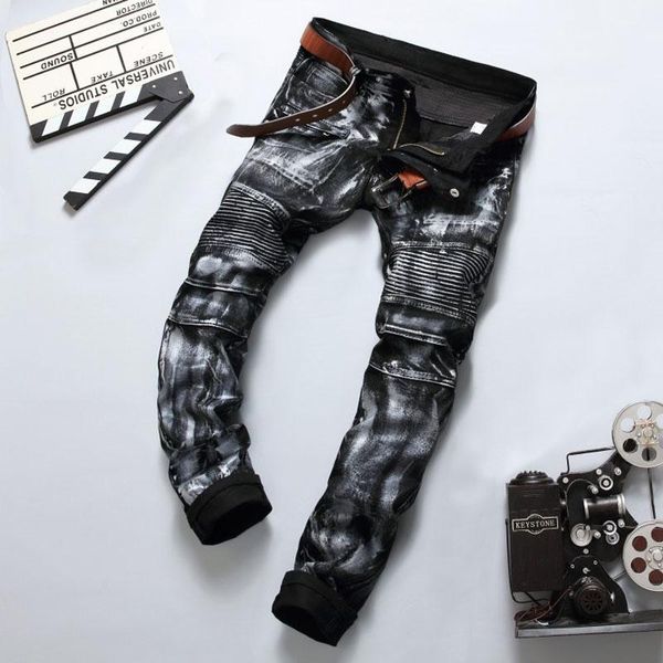 Vintage Silver Paint Printed Ripped Rider Jeans Pantalones, 2017 New Designer Fashion Jeans Men, Mejor calidad Brand Slim Men's Jeans