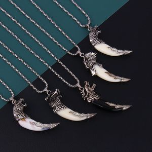 Collier Vintage en forme de dent de loup plaqué argent pour hommes, longue chaîne, porte-bonheur, bijoux Cool, cadeau, prix de gros