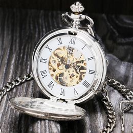Reloj de bolsillo mecánico con número romano de plata Vintage, reloj fob con caja abierta doble P803C