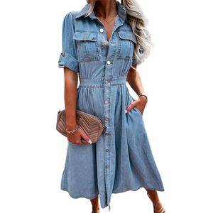 Vintage single -breasted vest -jurken vrouwen dames borst dubbele pocket decoratie denim geklede vrouwelijke elegante comfortabele slanke slanke jurk 240510