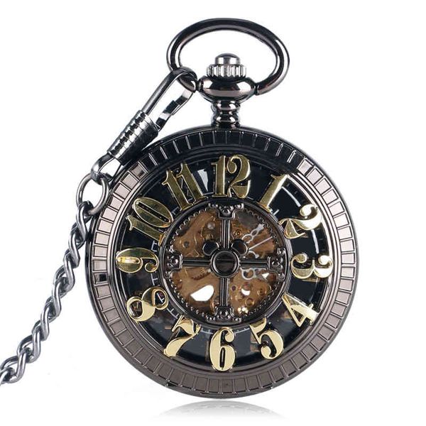 Vintage esqueleto elegante reloj de bolsillo Steampunk automático mecánico negro Fob reloj cadena hombres mujeres regalo para Navidad P2051C