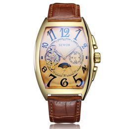 Montre squelette Vintage pour hommes, montre-Bracelet mécanique automatique, Bracelet en cuir à remontage automatique, Phase de lune, horloge masculine Relogio Masculine298U