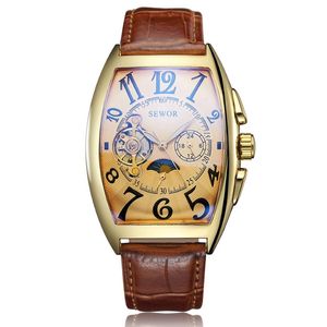 Vintage Skeleton Horloge Heren Automatisch Mechanisch Horloge Zelfopwindend Lederen Armband Maanfase Mannelijke Klok Relogio Masculine298U