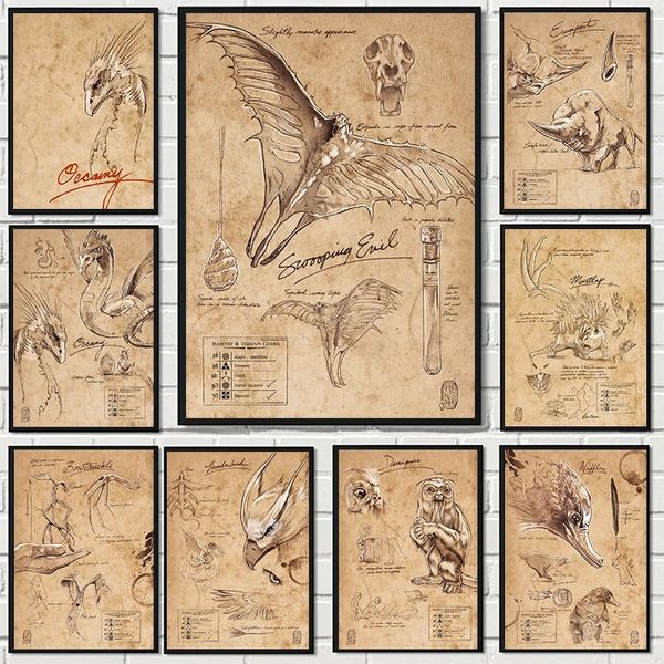 Sketch Vintage Monster Notes de terrain Affiches Owl Affiches Dinosaur Magic Wizarding World Animal Toivas Painting Wall Art Mural Home Decor