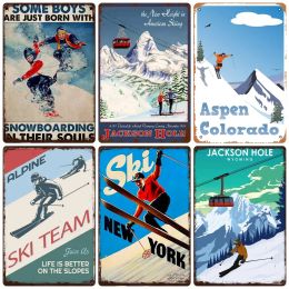 Affiche de métal de patrouille de ski vintage, panneau d'étain de ski rétro Apres, sports d'hiver en plein air, décoration d'impression d'équipe de ski, assiettes, WY262