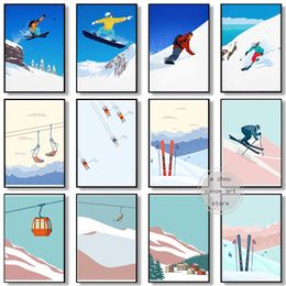 Vintage Skiing Art Sports Posters Snowboard Winter Mountain Snow Landscape Skiër Canvas Painting Wall Prints Picture Home Decor
