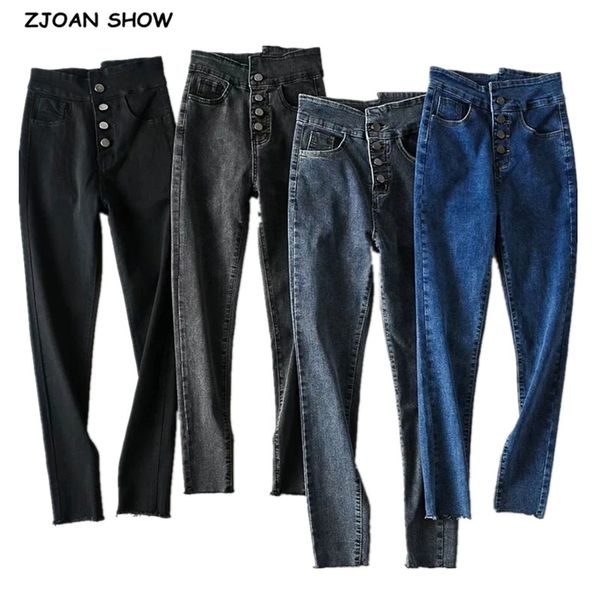 Vintage Skinny Cinq Boutons Taille Haute Crayon Jeans Femmes Slim Fit Stretch Denim Pantalon Pleine Longueur Pantalon Serré 210429