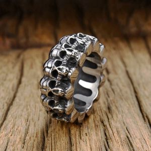 Vintage Skull Mens 14K White Gold Ring Big Large Solid Pave Skeleton Design Round Gothic Punk Skull Ring para hombres Hip Hop Ring Regalo para él