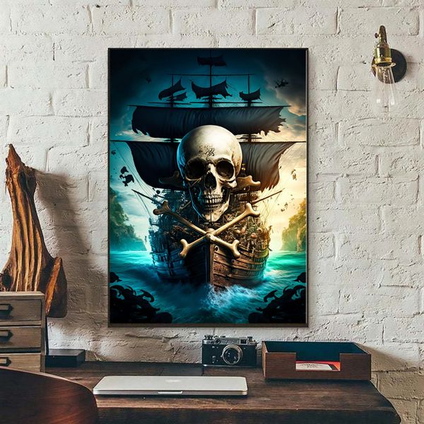 Vintage Skull Pirate Ship Coster Canvas Sea Adverse Weather Painting Impresiones Arte de pared para sala de estar Decoración del hogar