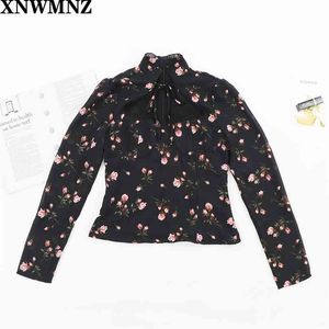 Vintage Slanke Holle Tops Elegante Roze Rose Bloemenprint Zwart Vrouwen Blouse Party Blusas Mujer de Moda Top Shei N VAD 210520