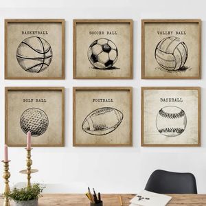 Vintage Voetbal Basketbal Schets Canvas Schilderijen Gym Sport Ballen Posters Prints Jongen Fans Muur Kunst Foto Kinderen Slaapkamer Woonkamer Home Decor Cadeau Geen Frame Wo6