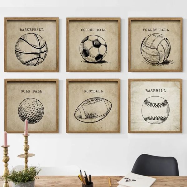 Vintage fútbol baloncesto boceto lienzo pinturas gimnasio deportes pelotas carteles impresiones niño fanáticos arte de la pared imagen niños dormitorio sala de estar decoración del hogar regalo sin marco Wo6