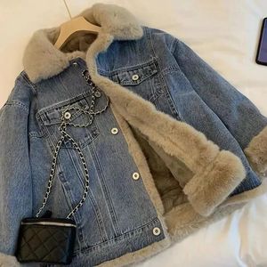 Vintage couleur unie jean veste femmes automne et hiver laine d'agneau en vrac peluche épais Denim manteau femme vêtements d'extérieur décontractés R1 240109