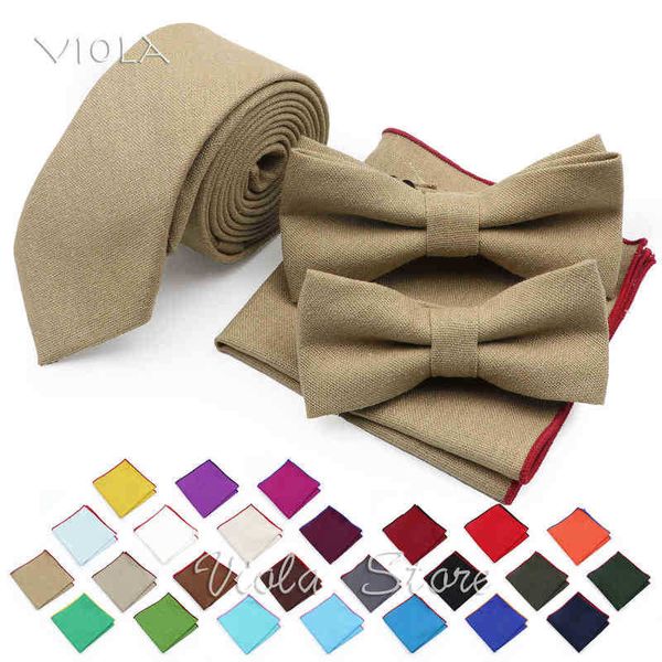 Conjuntos de corbata de lino sólido vintage de 6 cm Rojo Azul Boda Bowtie Pañuelo Corbata estrecha Regalo de fiesta Corbata para hombres Accesorio de camisa J220816