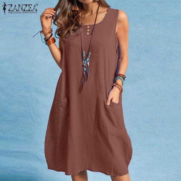 ZANZEA-vestido Vintage liso de verano para mujer, vestido playero informal sin mangas hasta la rodilla, bata con botones para mujer Y1006 2021