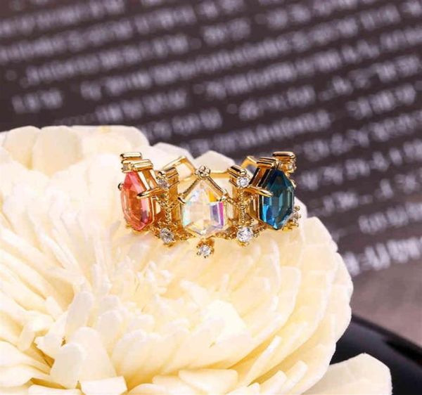 Vintage Solid SV925 Princesse colored Crystal Quartz Crown Lovely Vermeil Victorian Antique Jewelry Tiara 3 Stone Gold Ring239B8319664