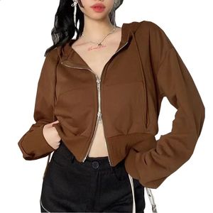 Vintage Solid Zip Up Hoodie Women Fashion Streetwear Lange Mouw Crashed Woman Sweatshirt Gotic Autumn Casual Loose Cotton Top 240403