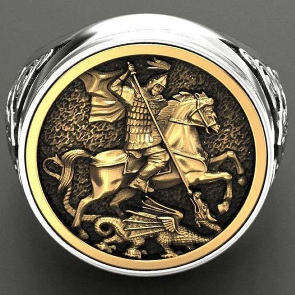 Bague souveraine Vintage pour hommes et femmes, Portrait de St George, en or, Dragon de cavalerie romaine, style Boho, mythologie nordique, Viking, bijoux 229U
