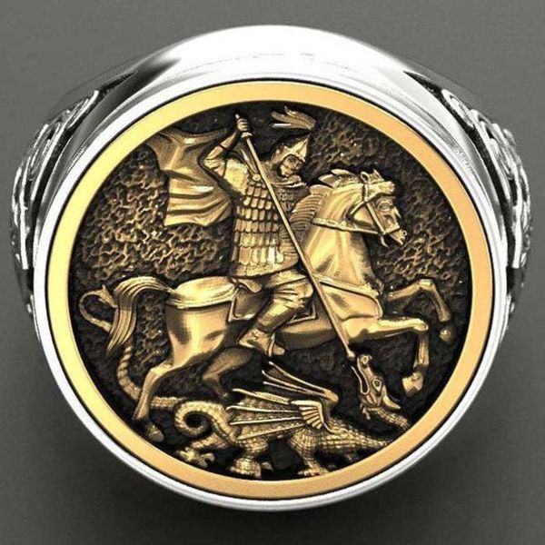 Bague souveraine Vintage pour hommes et femmes, Portrait de St George, en or, Dragon de cavalerie romaine, style Boho, mythologie nordique, Viking, bijoux 3419