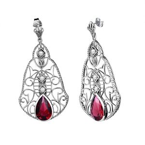 Vintage mousserende ruby ​​oorbellen voor vrouwen Real 925 Sterling Silver Drop Long Earring Filigraan mode sieraden bruiloft Gift Dange Chandeli