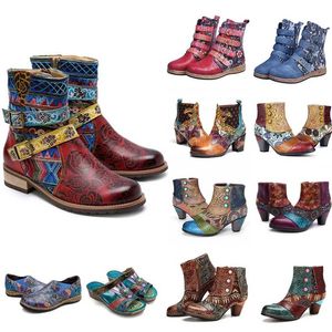 Vintage Splicing Gedrukt Enkellaarsjes Voor Vrouwen Schoenen Vrouwelijke PU Leer Retro Blok Hoge Hakken Bohemian Dames Winter Korte 220106