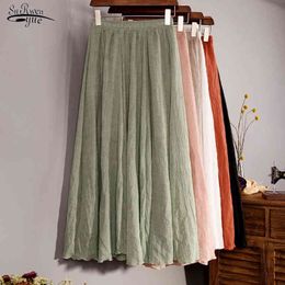 Vintage printemps taille élastique coton lin solide plissé jupes longues été Maxi femmes Boho plage Jupe 9956 210508