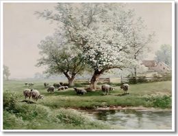 Vintage lente landschap olieverfschilderij canvas muur kunst boerderij esthetische wanddecoratie antieke schapen weiland bloesem boomafdrukken rustieke land thuisdecoratie