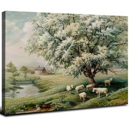 Paysage de paysage de printemps vintage toile mur art ferme esthétique décoration murale antique pasture pâte de fleur imprimés arbre rustique country décoration de maison