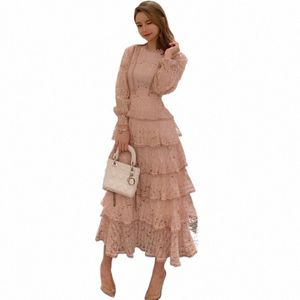 Vintage printemps femmes dentelle broderie doux volants couches Midi Lg Dr élégant Princ fête vacances Dr Vestidos b7PR #