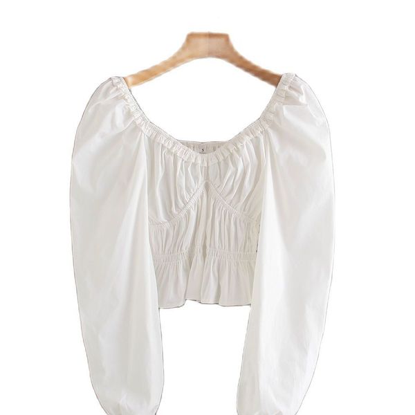 Vintage primavera camiseta de mujer una palabra cuello cintura elástica dobladillo con volantes de moda de manga larga chic tops femeninos 210507