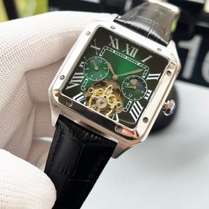 Vintage vierkant design mode luxe lederen riem groot vliegwiel herenhorloge luxe designer horloges 42 mm automatische mechanische horloges geen doos