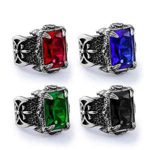 Bague de fiançailles Vintage en acier inoxydable pour hommes carrée CZ Zircon Dragon Claw Viking Warrior Band Biker