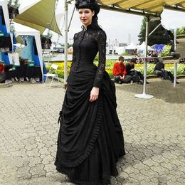 Vintage Steampunk Black Lace Prom-jurken Hoge nek Lange mouwen Knoppen Ruches Gotische Victoriaanse brutale veteravondjurken