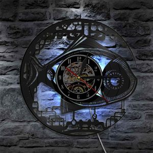 Vintage Steampunk Robot Fish Design Mur Clock Mechanical Fish Vinyl Record LP Clock LP Handmade MODER MODER WALL Art Gear Clock