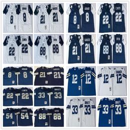 Vintage gestikt 8 Troy Aikman voetbalshirt 12 Roger Staubach 21 Deion Sanders 22 Emmitt Smith 33 Tony Dorsett 88 Michael Irvin wit blauw shirt