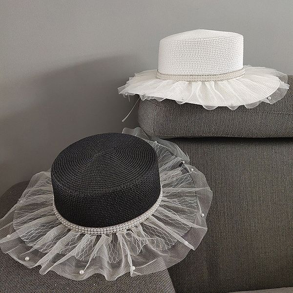 Sombrero de playa de paja Vintage para mujer, gorra elegante de hilo de encaje de perlas, gorras de protección solar para vacaciones al aire libre, sombreros de ala ancha para boda y novia