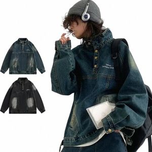 Vintage Street Denim Sweatshirt Hommes Femmes Distré High Neck Loose Denim Veste Hiphop Casual Pullover Denim Coat Cargo Unisexe Y8FZ #