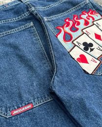 Vintage streetwear denim broek Goth hiphop vrouw broek poker grafisch borduurwerk baggy vrouwen jeans Y2K wijde pijpen blauwe broek 240131