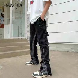 Pantalons de jeans évasés de streetwear vintage Splash à l'encre large jean salopette pour hommes jeans patchwork rétro à la mode 240506