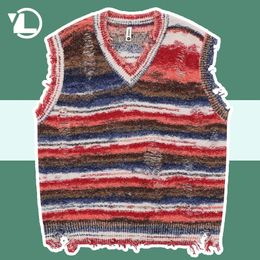 Vintage rayé tricot pulls gilet homme automne Vneck sans manches tricoté pull Harajuku femme Hip Hop pulls amples Streetwear 240312