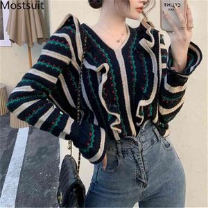 Vintage Gestreepte Ruches Dames Trui Trui Volledige Mouw V-hals Tops Koreaanse Mode Dames Jumpers Femme 210513