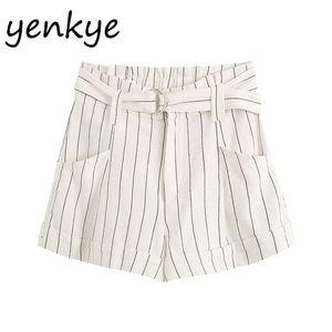 Vintage gestreepte shorts vrouwen met riem hoge taille casual korte femme dubbele zak zomer pantalones cortos mujer bbwm2370 210514