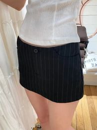 Vintage strepen rechte mini -rokken vrouwen zomer sexy lage opkomende zakken korte falda vrouwelijke streetwear zoete katoenen rok y2k 240321
