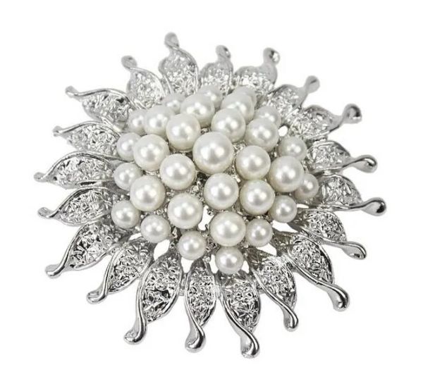 Broche de fleur de soleil argentée de 2 pouces de Style Vintage avec des épingles de Bouquet de fête de bal de perles de crème ivoire