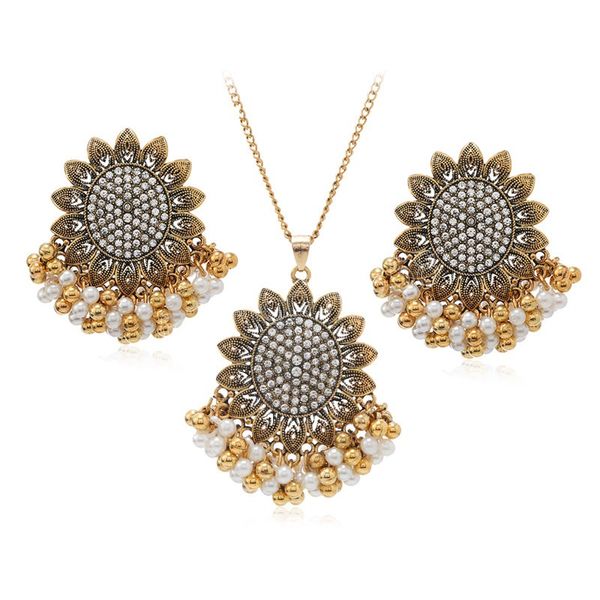 Conjuntos de pendientes y collares nupciales de estilo vintage para mujer, conjuntos de joyas indias llamativas con perlas de cristal de girasol